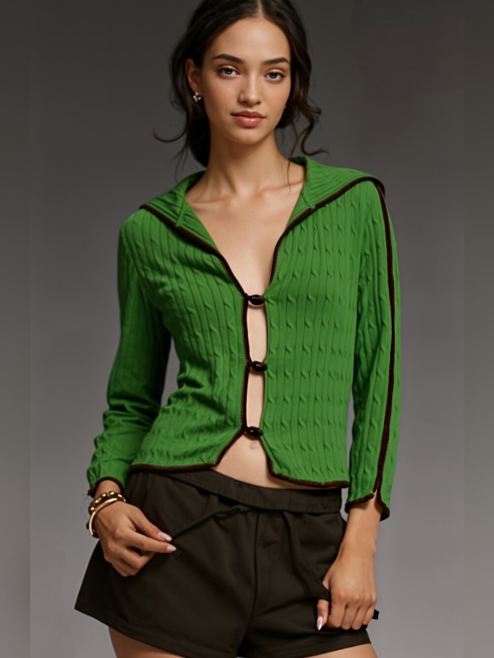 Anthropologie HWR Monogram Green Cable-Knit Hooded Cardigan Sweater